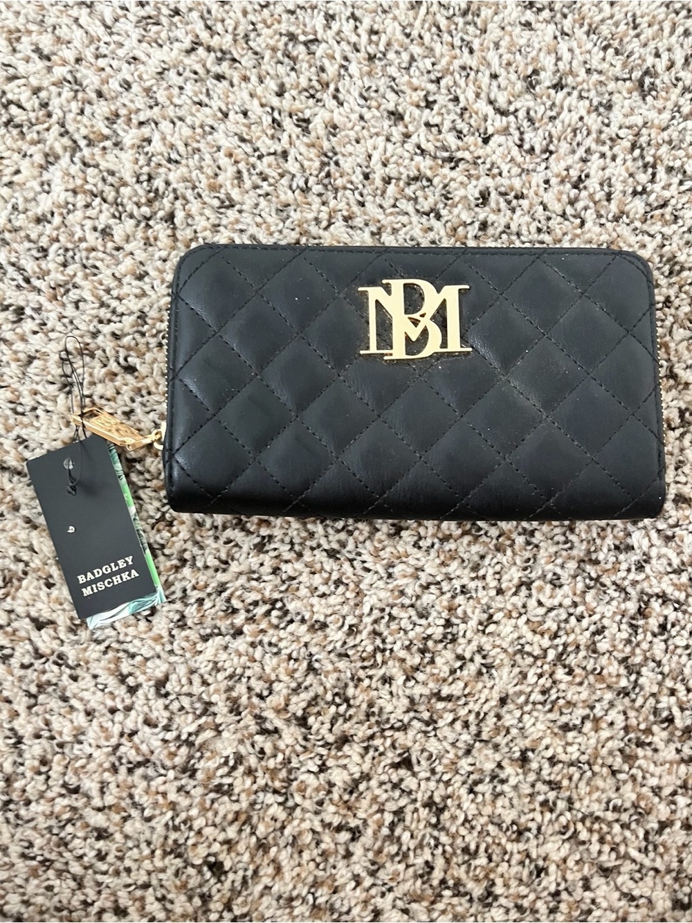 Badgley Mischka Black Quilted Zip-Around Wallet with Gold Logo Accent